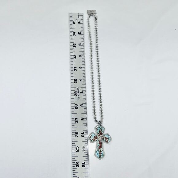 Vintage Turquoise Decor Cross Charm Necklace Ball Chain 9" - Picture 6 of 6